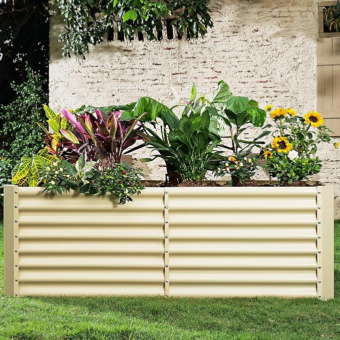 Land Guard 6x3x2ft Galvanized Raised Garden Bed, Planter Boxes Outdoor, Raised Garden Beds Outdoor for Vegetables, Flowers, Herbs, 269 Gallons, Cream Yellow… LandGuard