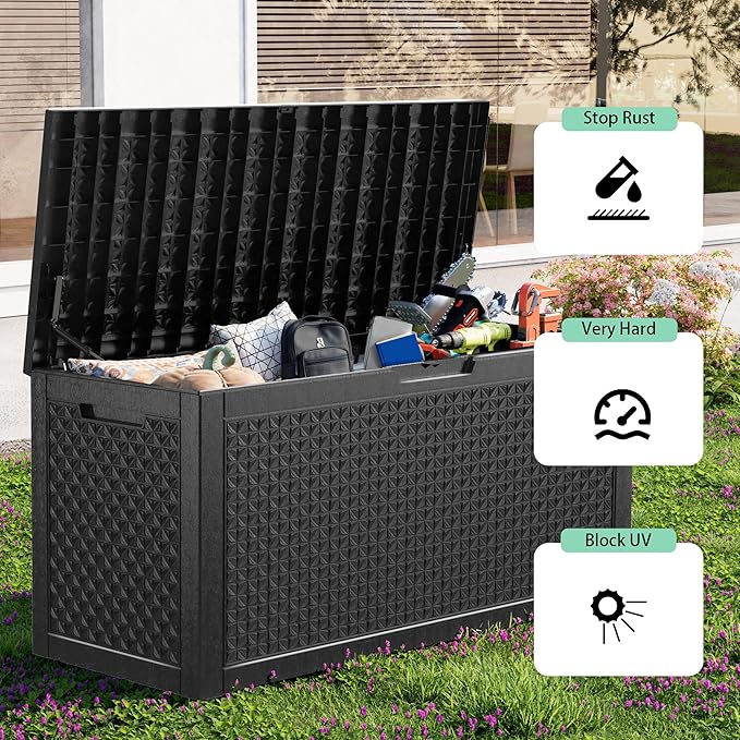 ROJIK Outdoor Storage Housing Deck Box - Waterproof Patio Furniture, Garden Tools, Cushions, Pool Accessories Storage Bench with Lockable Lid and Side Handles (Black,125 Gal) ROJIK