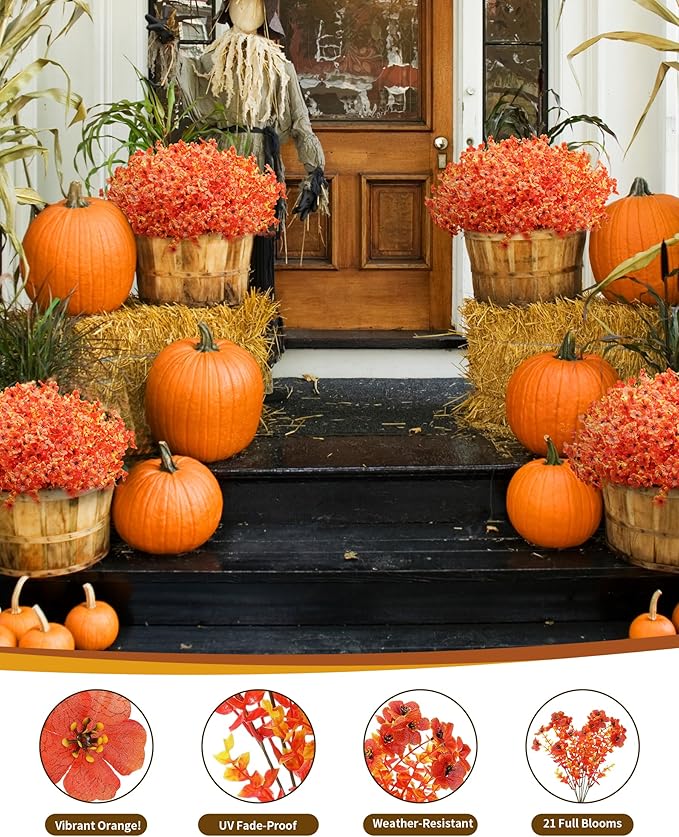 Artificial Fall Flowers Faux Mums for Outdoor Planters,Orange Red 16 Bundles Silk Fake Plants UV Resistant for Outside,Autumn Decorations for Porch,Pot,Window Boxes,Front Yard,Thanksgiving Home Decor JAKY-Global