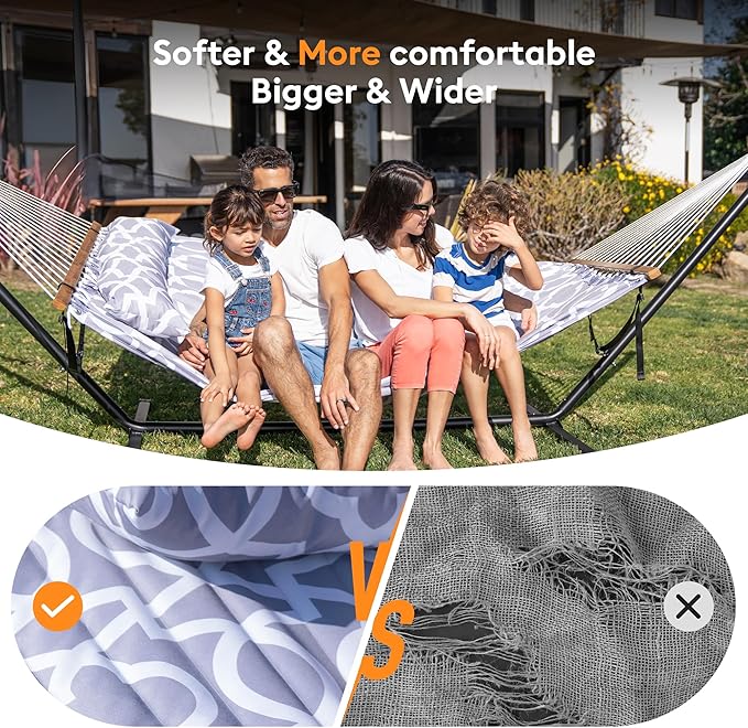 Double Hammock with Spreader Bar,Soft Pillow,Max Load 500lbs,Portable Hammock for Outdoor,Camping,and Backyard,White Gray Rootora