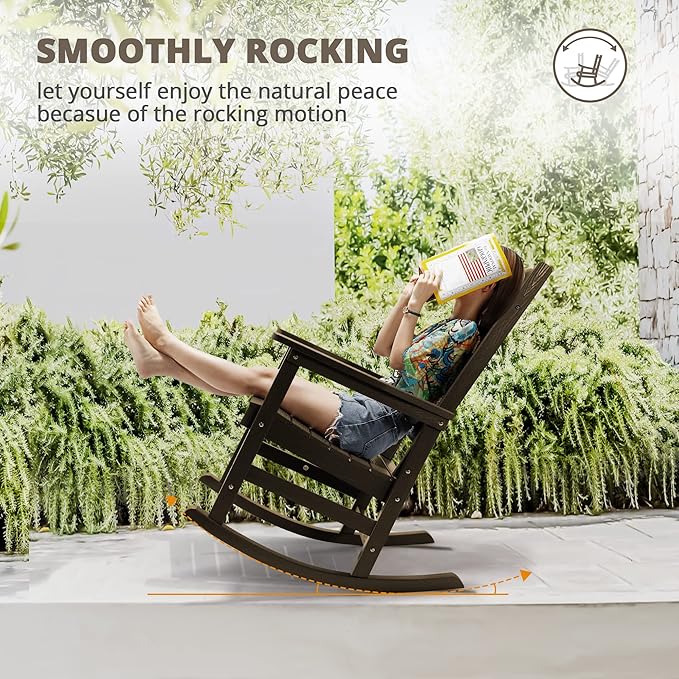 LUE BONA Outdoor Rocking Chairs Set, 3-Piece, Poly Porch Rockers with Table, Plastic Weather Resistant Rocking Chair Set for Outdoor Indoor, Garden, Backyard, 350lb, Brown, Chairs+Table LUEBONA