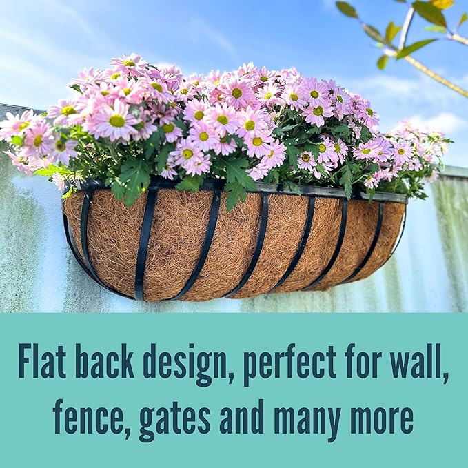 LaLaGreen Outdoor Wall Planter for Plants (24 Inch, 8 Pack) Large Black Metal Basket with Coco Liner, Window Flower Box Deck Railings Hanging Balcony Plant Holder Pot Garden Fence Balcony Patio Rail L%C3%A1L%C3%A1Green