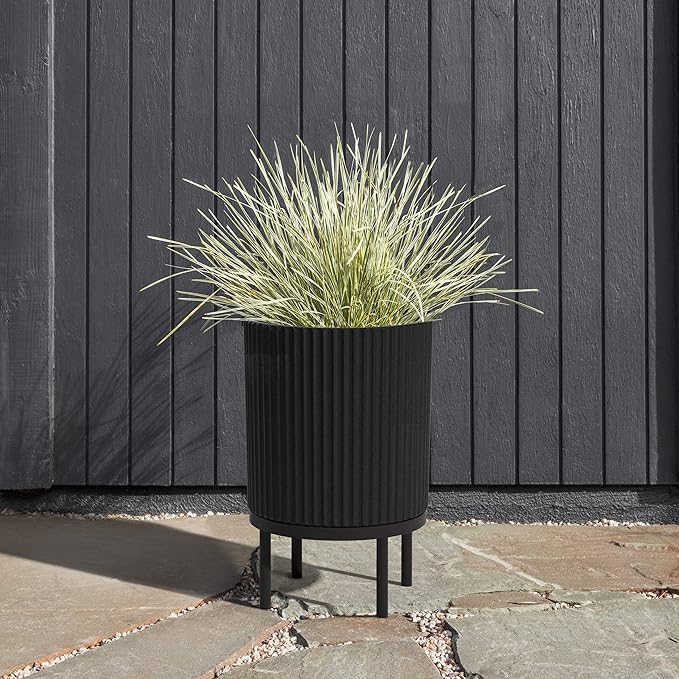Veradek Demi Series Round Planter w/ Stand for Porch/Patio | Durable Plastic-Concrete & Wooden Stand | Modern Décor for Tall Plants, Flowers VeradekOutdoor