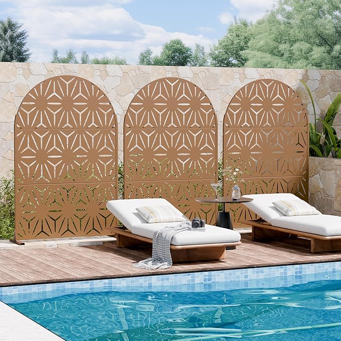 Casaphoria Metal Privacy Screen Outdoor, 72" H x 47" W Arched Freestanding Decorative Privacy Screen for Patio Deck Balcony Garden with Stable Base, Brown-Star Casaphoria