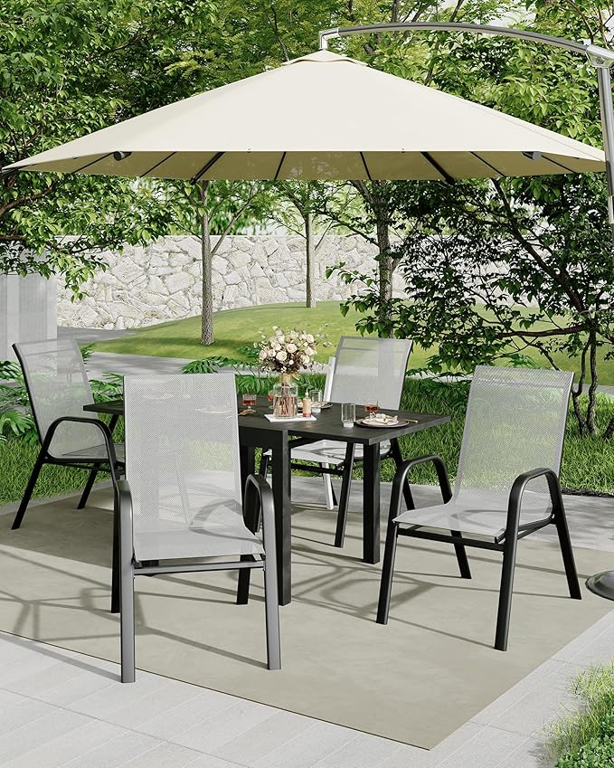 Outdoor Stackable Dining Chairs Set of 4, High-Back Patio Stacking Chairs, Patio Chairs with Textilene Farbic & Metal Frame for Lawn Backyard Deck Garden,Grey Rootora