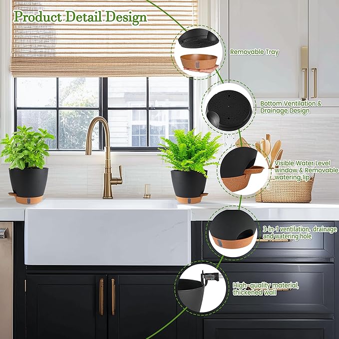 Self Watering Pots for Inoor Ourdoor Plants 10/9/8/7/6.5 Inch Plastic Planters with Drainage Holes & Water Level Indicator, Decorative House Flower Nursery Planting Pots with Saucers (Black) Fielda