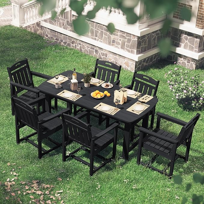 HDPE Outdoor Dining Set, Patio Table and Chairs Set, All-Weather 7-Piece Outside Table and 6 Chairs, 2" Umbrella Hole, Outdoor Furniture for Garden, Poolside, Backyard, Deck | Black Suunyn