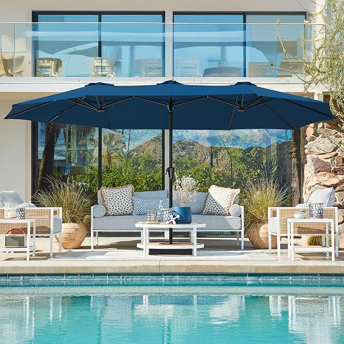 SUPERJARE 15FT Outdoor Umbrella for Patio, Double sided Pool Umbrellas with Fade Resistant Canopy, Large Table Umbrella for Deck, Market, Backyard - Navy Blue SUPERJARE