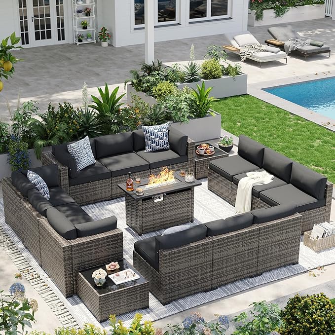 Aoxun Patio Furniture Sets, 15-Piece Outdoor Patio Furniture with 44'' Propane Gas Firepit Table, Wicker Outdoor Conversation Set Sectional Sofa for Backyard, Poolside, Garden Aoxun