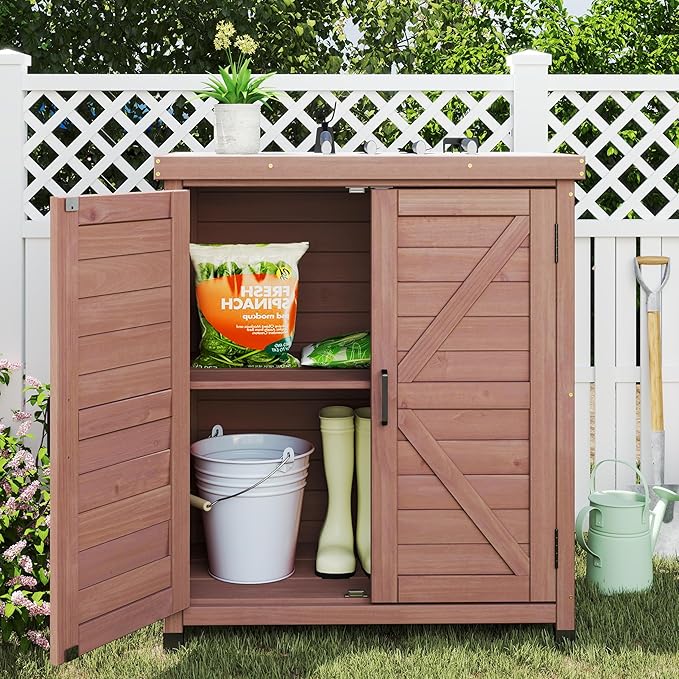 Outdoor Storage Cabinet & Potting Bench Table with Metal Top, Wooden Patio Furniture, Garden Workstation (Royal Brown, 36x31x17in) OutdoorFurniture