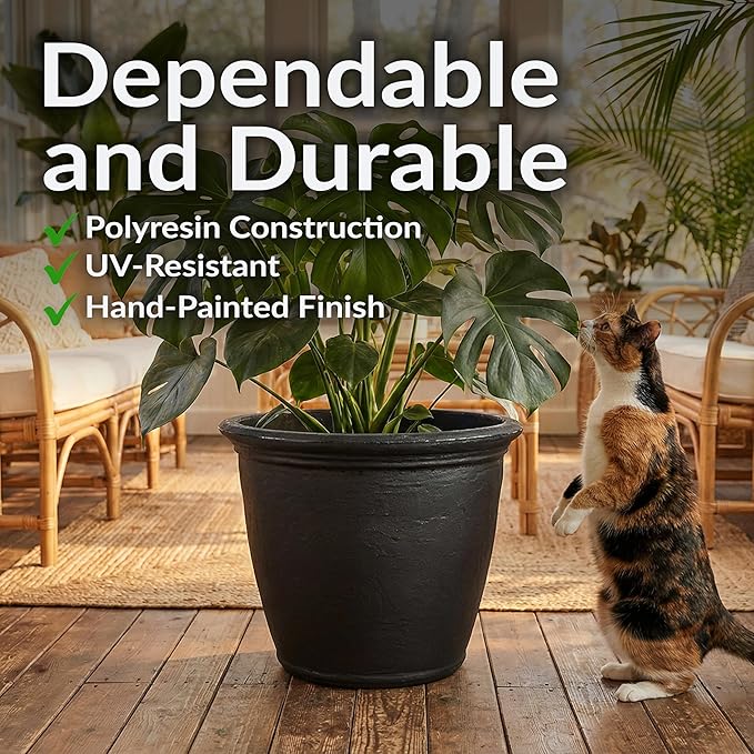 Sunnydaze 24-Inch Anjelica Large Plastic Pot for Plants - Outdoor Double-Walled Large Plastic Planter with Drillable Drainage Holes - Matte Black - 2pk SunnydazeDecor