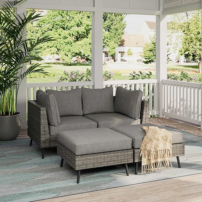 LAUSAINT HOME Outdoor Patio Furniture, 4 Piece Outdoor Sectional Sofa PE Rattan Wicker Patio Conversation Sets, All Weather Patio Furniture Set with Thick Cushions for Garden, Backyard(Grey) LAUSAINTHOME