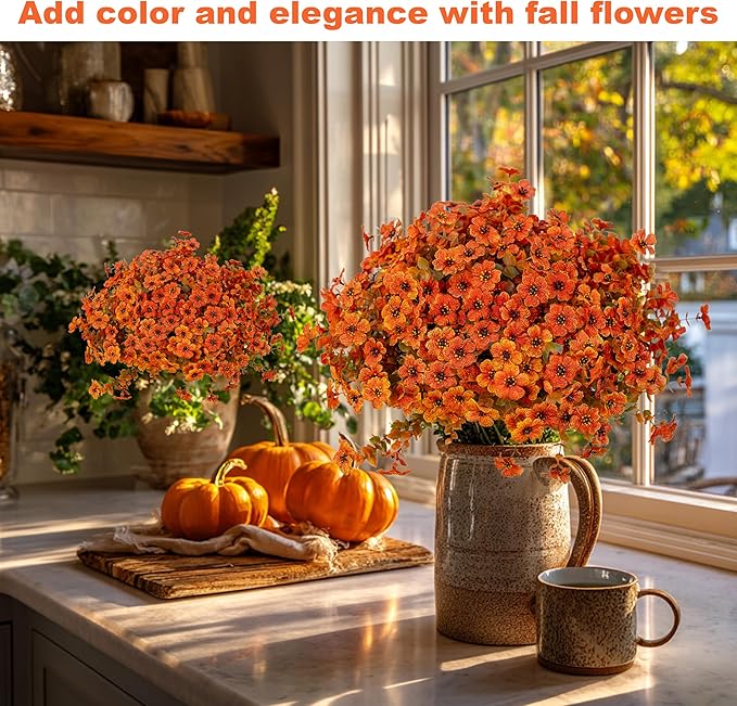 Artificial Fall Flowers Outdoor Fake Mums - 16 Bundles Fake Plants UV Resistant No Fade Faux Plastic Greenery Garden Porch Patio Fall Home Decor (Orangegreen) AXYLEX