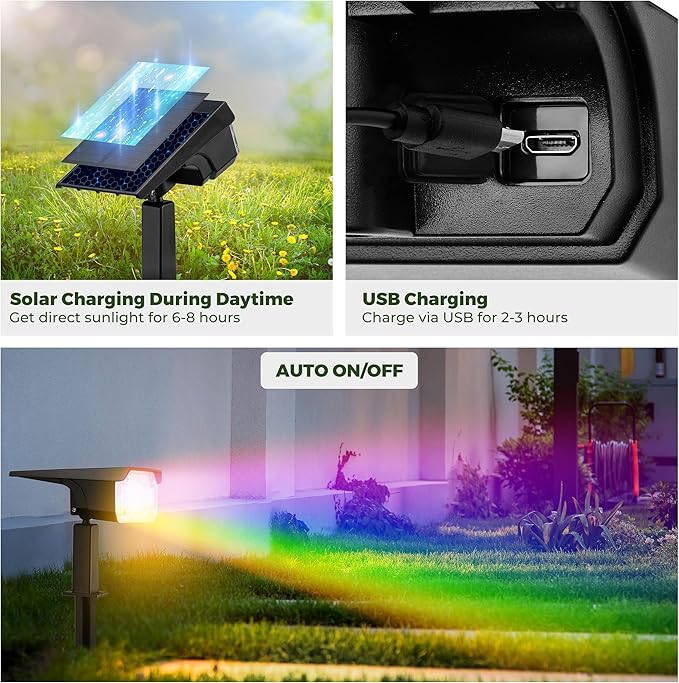 Kingsyard Solar Lights Outdoor Waterproof IP68, 47 LEDs 3 Lighting Modes USB & Solar Powered Garden Yard Pathway Spot Lights for Outside Landscape, Auto On/Off, 6 Pack(Cool White) Kingsyard