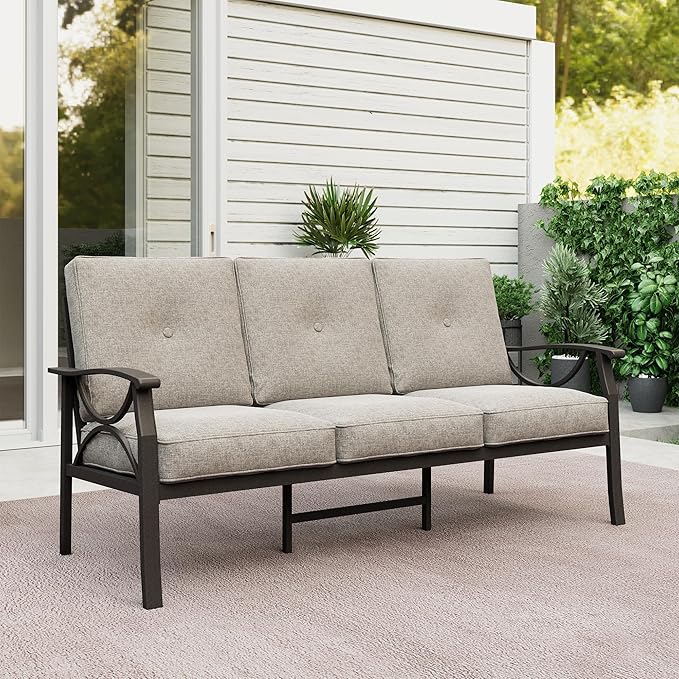 RoyalCraft Patio 3 Seats Sofa, All-Weather Outdoor Couch, Patio Furniture Sofa, Khaki Metal Chair with Beige Cushions Bringyoubetterlife