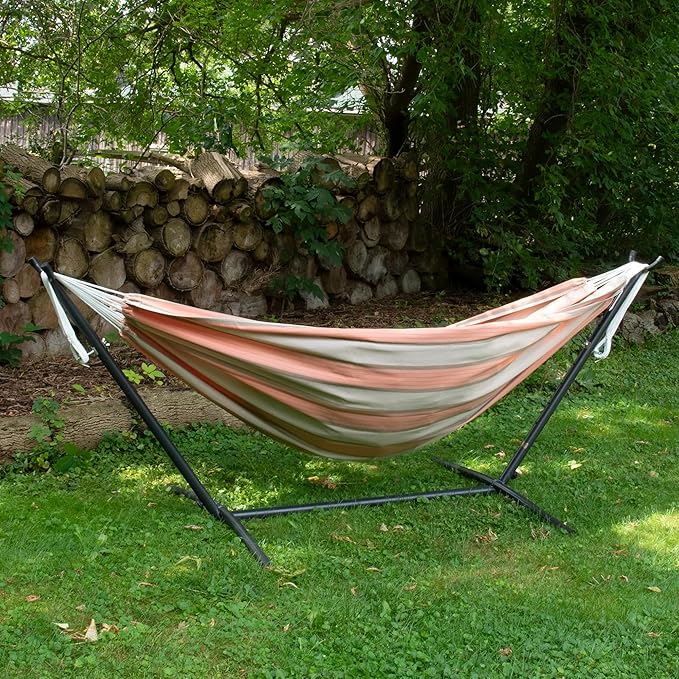 Vivere Double Sunbrella Hammock with Space-Saving Steel Stand, Heavy-Duty Portable Outdoor Hammock Set for Backyard, Patio, or Travel, Cameo Vivere