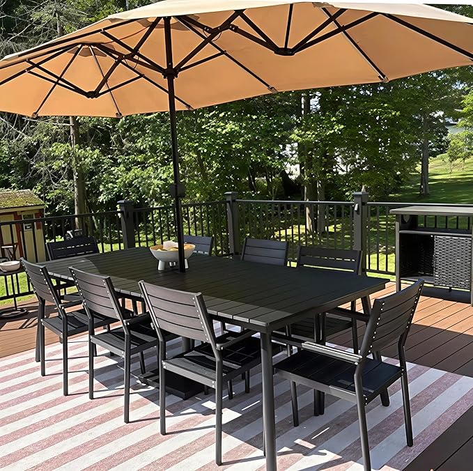 70" Patio Outdoor Dining Table for 6, Weather-Resistant Aluminum Frame with Wood-Grain Top & Umbrella Hole for Deck Gatherings, Black VredHom