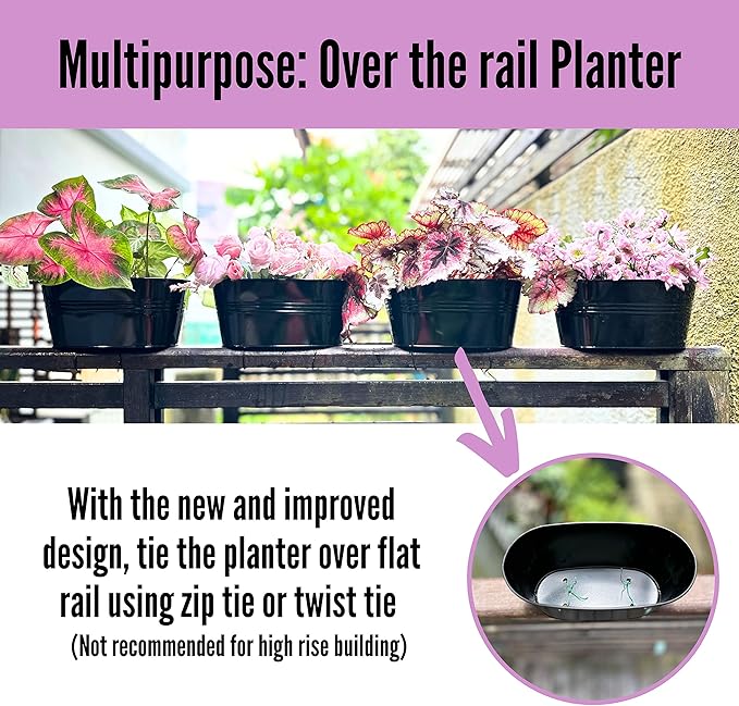 LaLaGreen Rail Planter Outdoor Plants(11.8 Inch, 10 Pack) Black Metal Iron Hanging Flower Pots Deck Railings Fence Buckets Modern Countryside Boho Style Wall Mount Window Box Plant Holder Porch Decor L%C3%A1L%C3%A1Green