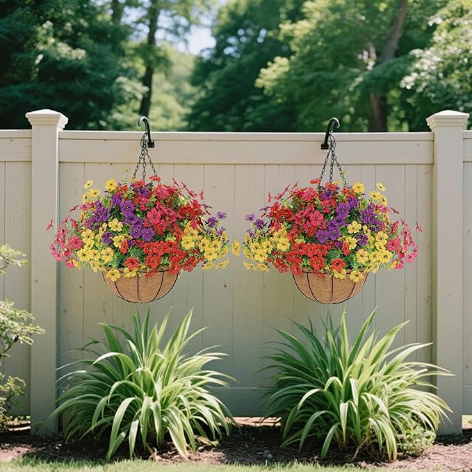 Senjie 2 Set Artificial Hanging Flowers with Basket for Outdoor Decor, UV Resistant 24 Bundles Faux Flowers Fake Hanging Planter for Porch Patio Balcony Senjie