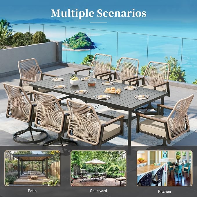 Patio Dining Set 9 Piece, 8 x Woven Rattan Swivel Chairs with Waterproof Cushion, 60" Square Metal Dining Table with Umbrella Hole, Outdoor Table and Chairs Set for Backyard Lawn and Deck, Beige SUNSHINEVALLEY