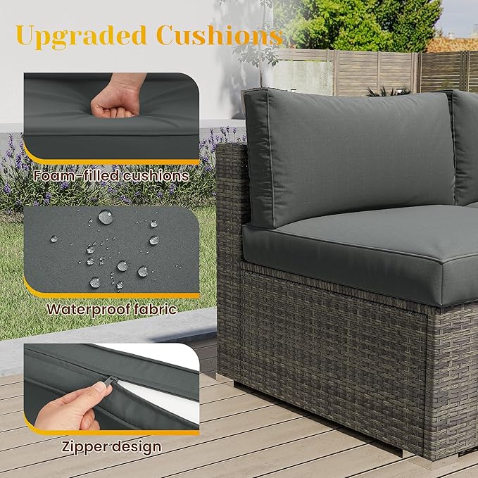 5 Piece Outdoor Patio Sectional Furniture Set, Weather Resistant Rattan Outside Couch, Waterproof Conversation Sofa for Balcony, Porch, Backyard, Deck, Garden, Grey MayinColor