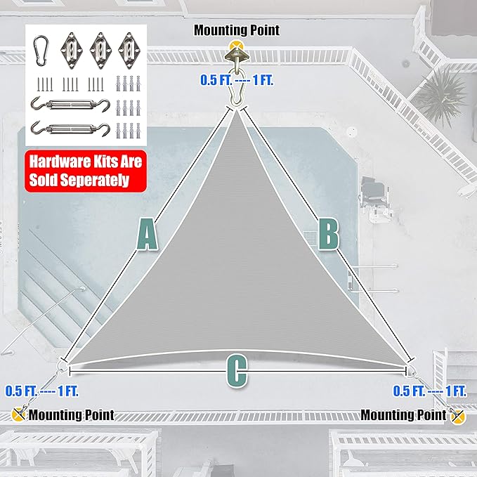 Amgo 16' x 16' x 16' Grey Triangle Sun Shade Sail UPF50+ Canopy Awning AGSLT, 95% UV Blockage, Water & Air Permeable, 200GSM Heavy Duty Commercial and Residential (We Make Custom Sizes) Amgo