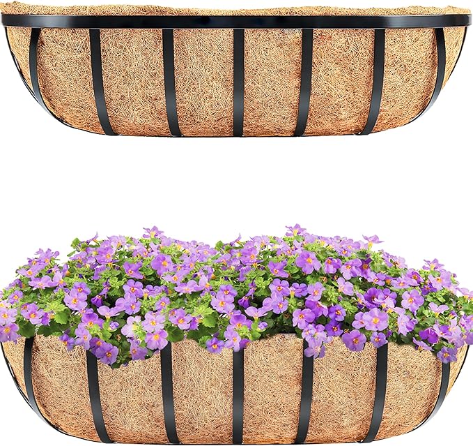 HFHOME 2 Pcs 24" Window Box Deck Railing Planter with Horse Trough Coco Liners, Black Metal Hanging Flower Planters Baskets for Indoor, Outdoor, Balcony, Porch, Fence, Patio, and Lawn HFHOME