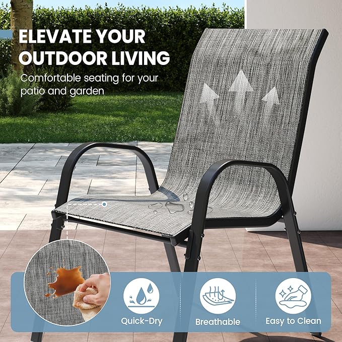 Patio Dining Chairs Set of 8, Outdoor High Stacking Chairs，Breathable Seat Fabric and Alloy Steel Frame for Backyard, Porch, Garden, Sunroom (Light Grey) VonzoyHome