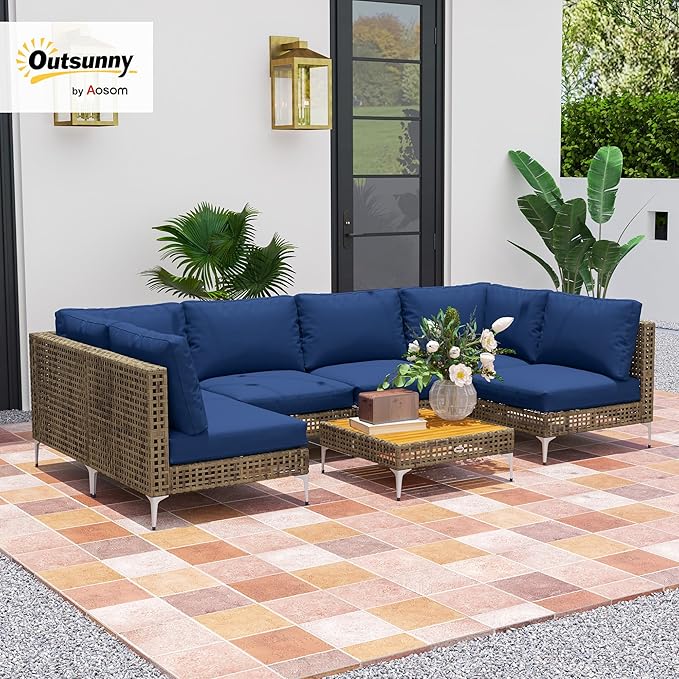 Outsunny 7 Piece Wicker Patio Furniture Set, Modular Outdoor Sectional with Thickened Cushions, Rattan Outdoor Furniture Conversation Set with Slatted Acacia Wood Table for Backyard, Brown/Dark Blue Outsunny