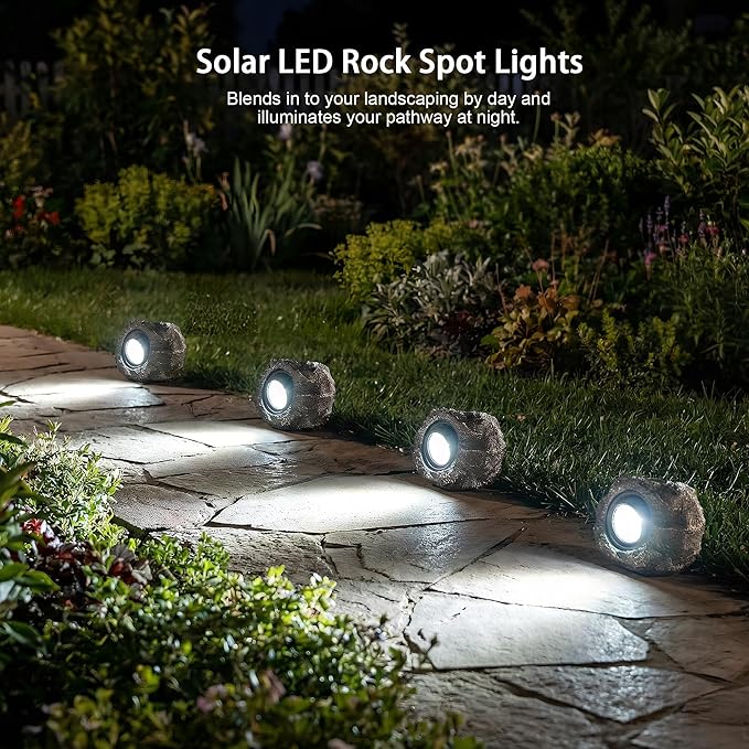 Solar Rock Lights Outdoor – 4 Pack Waterproof LED Landscape Garden Spotlights, Realistic Stone Design, Wireless Solar Powered Pathway Lights for Yard, Walkway, Patio & Lawn Decoration (Auto On/Off) VISFLAIR