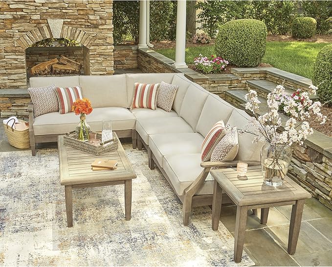 Signature Design by Ashley Clare View Left-Arm Facing Contemporary 4-Piece Outdoor Sectional with Cushion and 6 Throw Pillows, Beige SignatureDesignbyAshley