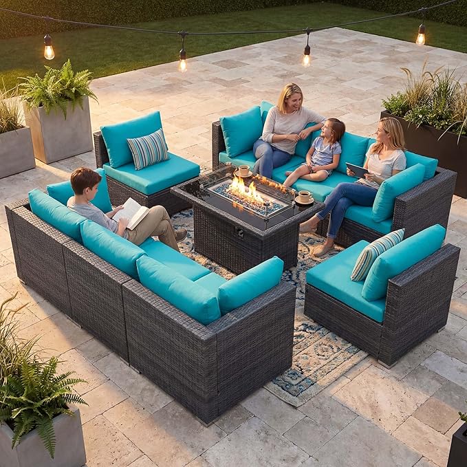 NICESOUL Extra-Large 9 Pcs Outdoor Patio Furniture Set with Fire Pit Table Natural Gas/Propane, 29.3'' High Back Deep Wide Modular Sofa Conversations with Fireplaces, 2 Color Cushion Teal Blue & Grey NICESOUL