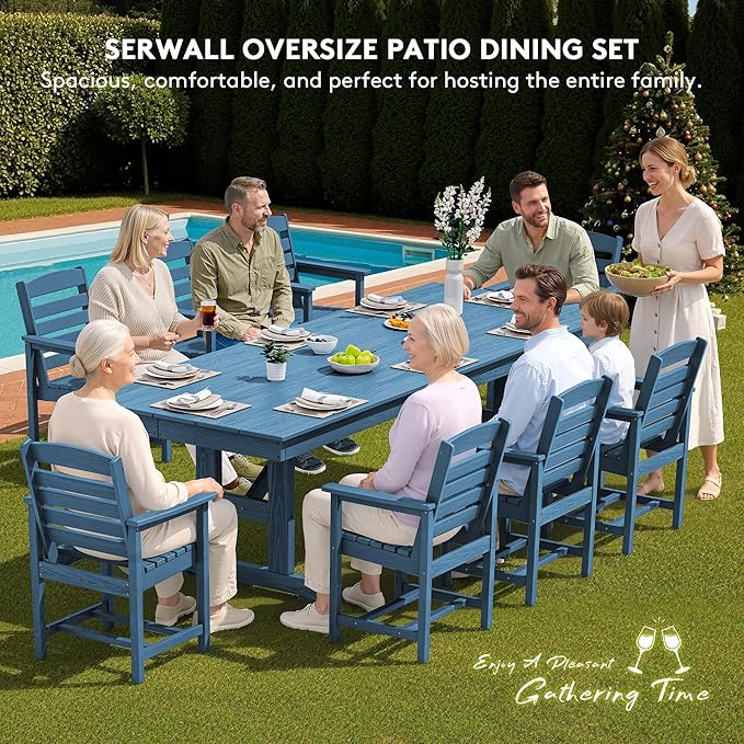 SERWALL 9 Piece Outdoor Dining Set, 84" HDPE Outdoor Table and Chairs for 8，All Weather Patio Furniture Set with Umbrella Hole for Backyard, Garden, Blue SERWALL