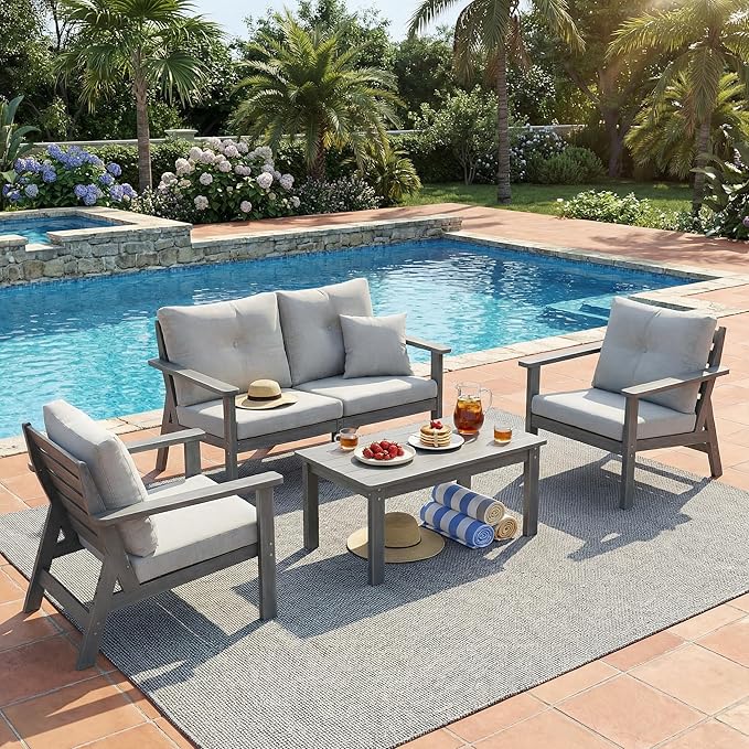 6-Piece HDPE Patio Furniture Set, Outdoor Sectional Sofa Set,All Weather Outdoor Couch with Dust-Free Cushions, Durable Patio Conversation Sets for Balcony, Porch, Gray Rootora
