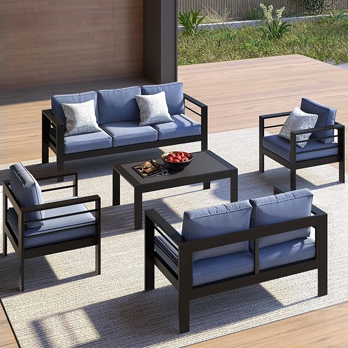 Kiss the Water Outdoor Couch Aluminum Patio Furniture Sofa, 3 Seat All-Weather Metal Patio Couch with 5" Thick and Soft Cushion and Wide Arm, Outdoor Sofa for Balcony, Porch KisstheWaterPatioTool