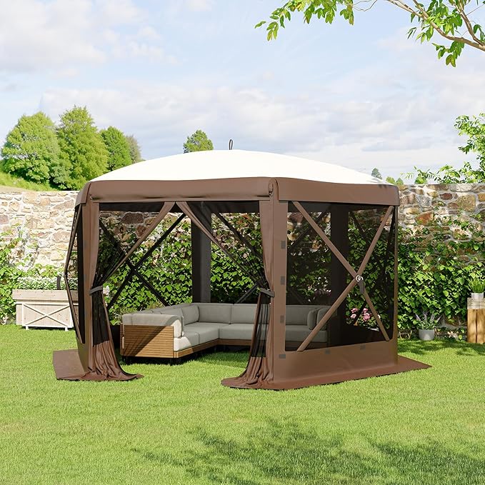 13x13FT 6-Sided Pop Up Gazebo Tent，One-Push Setup Canopy Tent with Removable Canopy Top & Wind Cloths, Outdoor shelter for Camping, Backyard Parties, Outdoor Events - Beige & Khaki GarveeLife