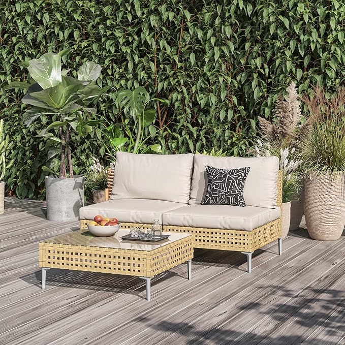 Grand patio 3-Piece Wicker Patio Furniture Set, Outdoor Sectional Sofa with Water Resistant Beige Thick Cushions and Coffee Table, Cream GrandPatio