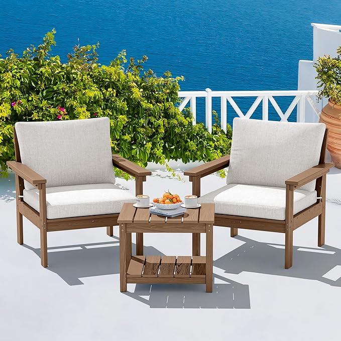 SERWALL HDPE Patio Sofa Set, 3-piece Sectional Outdoor Furniture Set, All Weather Outdoor Couch Set Patio Furniture Set for Deck, Lawn, Brown Frame with Khaki Cushion SERWALL