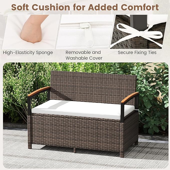 RELAX4LIFE Wicker Outdoor Storage Bench - Rattan Deck Box w/Protective Liner for Patio Furniture Pillows, Pool Supplies & Garden Tools, Porch Loveseat with Seat Cushion, Acacia Wood Armrests RELAX4LIFE