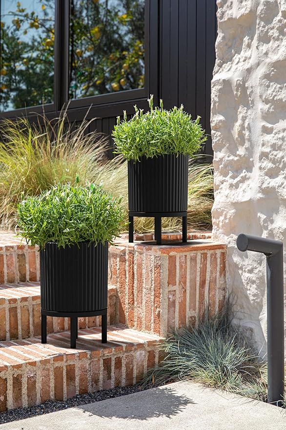 Veradek Demi Series Round Planter w/Stand for Porch/Patio | Durable Plastic-Stone Composite & Wooden Stand | Modern Décor for Tall Plants, Flowers VeradekOutdoor