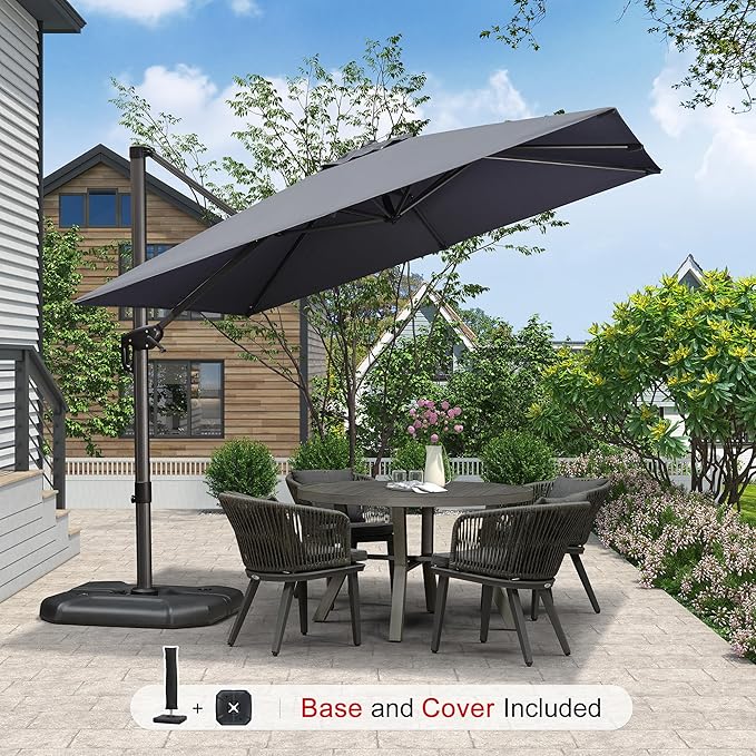PURPLE LEAF 9'×9' Patio Umbrella with Base Outdoor Cantilever Umbrella with Cover Aluminum Square Offset Umbrella with 360-degree Rotation for Deck Pool Garden Grey PURPLELEAF