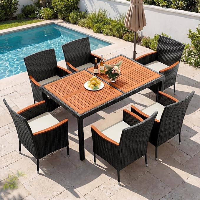 Devoko Dining 7 PCS Furniture, Patio Conversation Set with Acacia Wood Table Top, Outdoor, Beige Cushion and Black Rattan DEVOKO