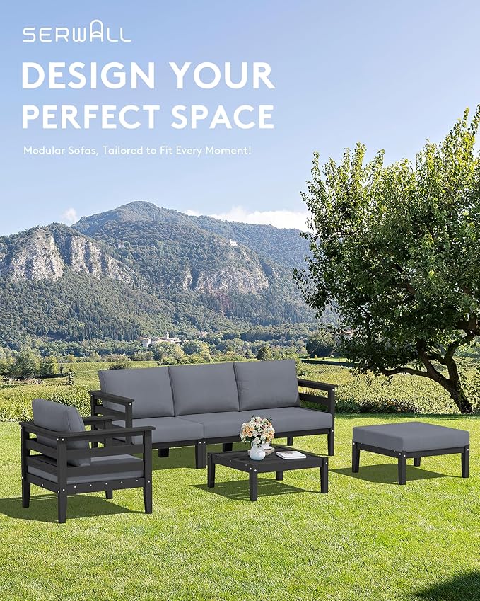 SERWALL HDPE Patio Furniture Set, 10 Pieces Outdoor Sectional Sofa Set, All-Weather Wood-Like Outdoor Sofa Couch with Coffee Table for Deck, Lawn, Black Frame with Grey Cushion SERWALL