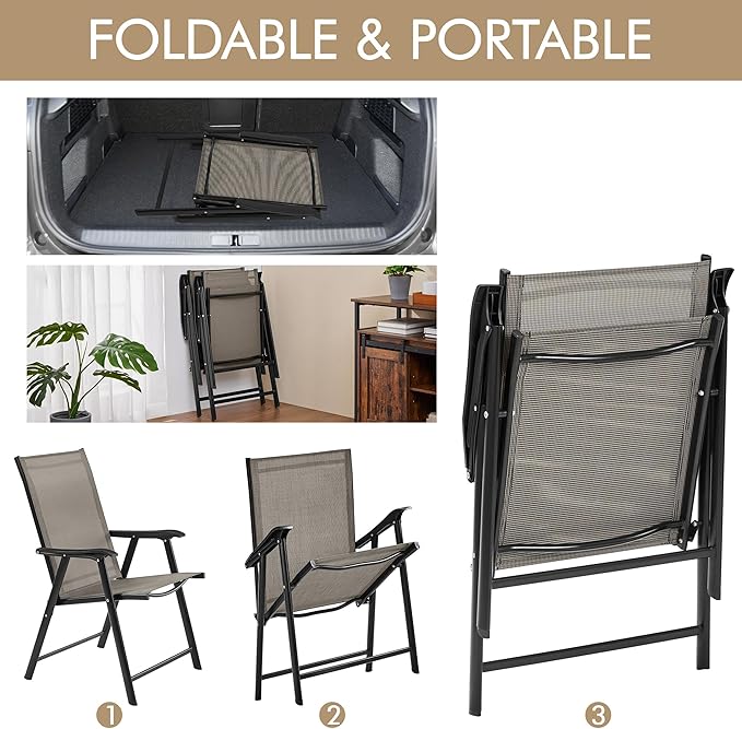 Yaheetech Outdoor Patio Chairs Set of 4, Portable Dining Chairs with Armrests for Camping, Lawn Yard Beach, Folding Outdoor Chairs 4-Pack with Metal Frame, Brown Yaheetech