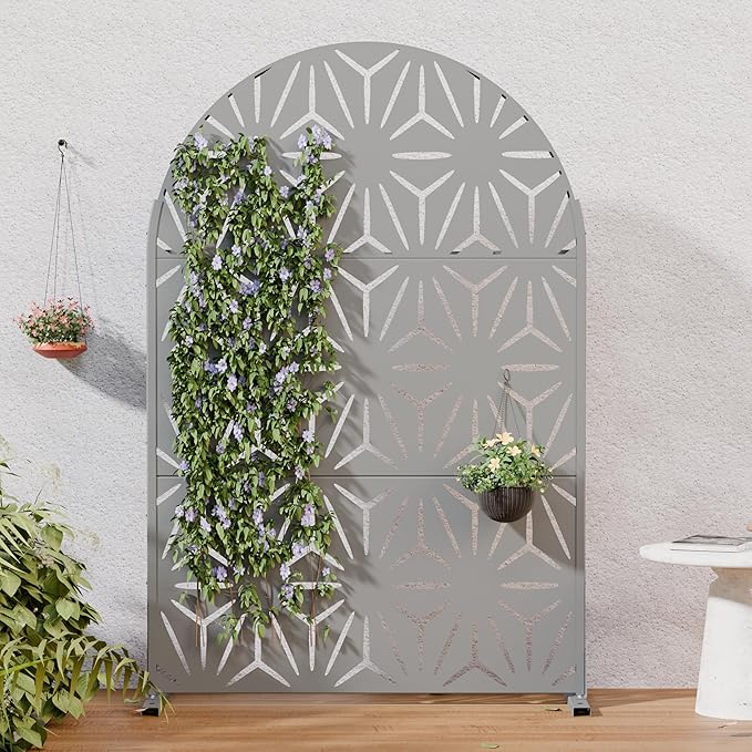 Casaphoria Metal Privacy Screen Outdoor, 72" H x 47" W Arched Freestanding Decorative Privacy Screen for Patio Deck Balcony Garden with Stable Base,Grey-Star Casaphoria