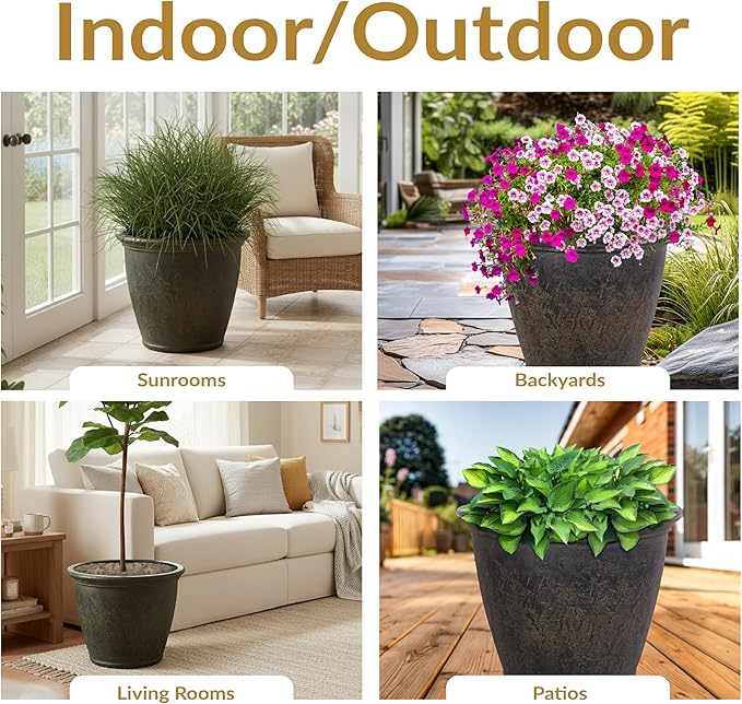 Sunnydaze 24-Inch Anjelica Large Plastic Pot for Plants - Outdoor Double-Walled Large Plastic Planter with Drillable Drainage Holes - Sable - 2pk SunnydazeDecor