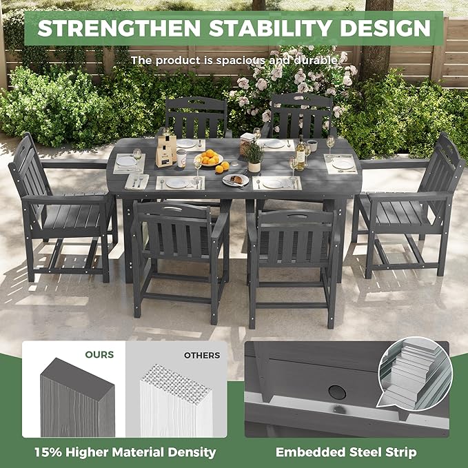 HDPE Outdoor Patio Dining Set with Table & 6 Chairs, All-Weather 7-Piece Outdoor Table and Chairs, 2" Umbrella Hole, Patio Furniture for Garden, Backyard, Deck | Grey Suunyn