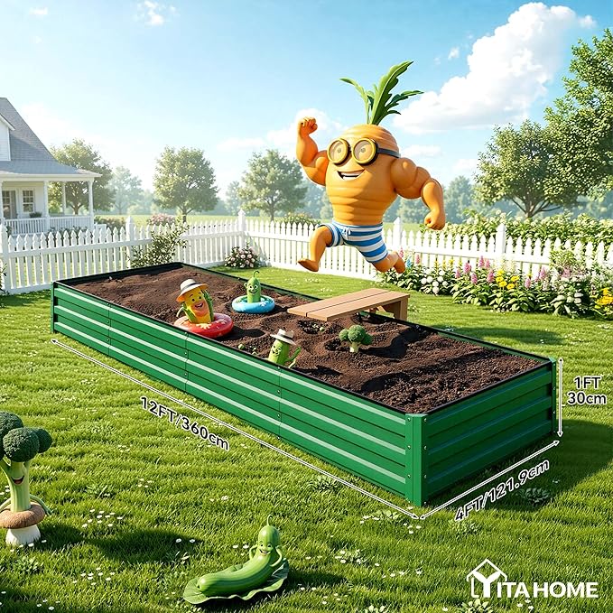 YITAHOME 4pcs 12x4x1 ft Galvanized Raised Garden Bed Kit, Large Metal Planter Box with Gloves, Safety Rubber & Support Rod, Outdoor Flower Bed for Plants Vegetables, Green YITAHOME