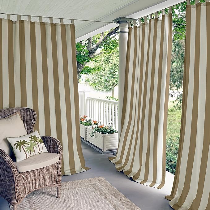 Elrene Home Fashions Highland Stripe Indoor/Outdoor Curtain Panel, 50 inches X 108 inches, Natural ElreneHomeFashions
