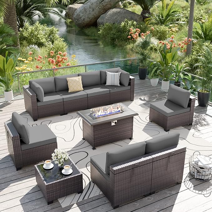 ALAULM 10 Pieces Patio Furniture Set with Propane Fire Pit Table Outdoor Sectional Sofa Sets Patio Furniture 43" Gas Fire Pit Brown PE Rattan Patio Conversation Set w/8 Seat Cushions (Grey) ALAULM